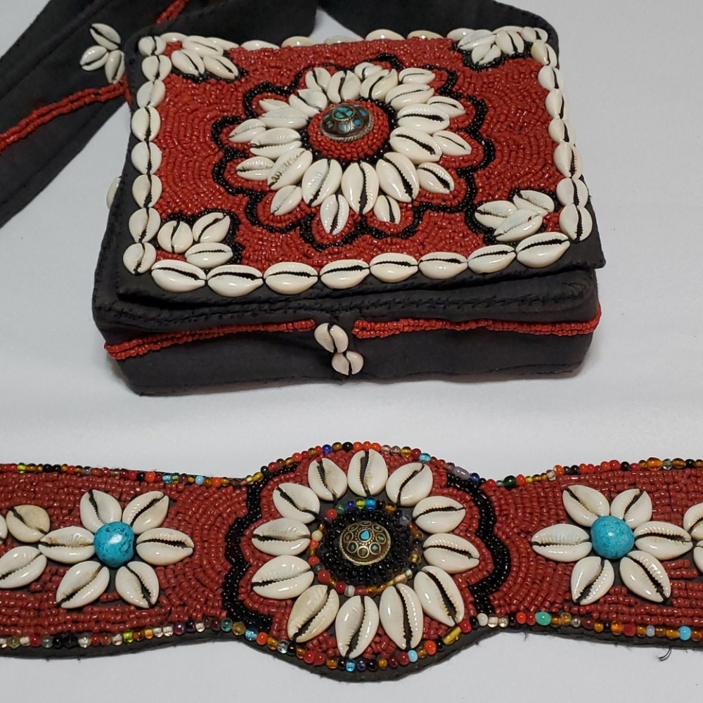 Georgios hand beaded/shells, belt & purse.